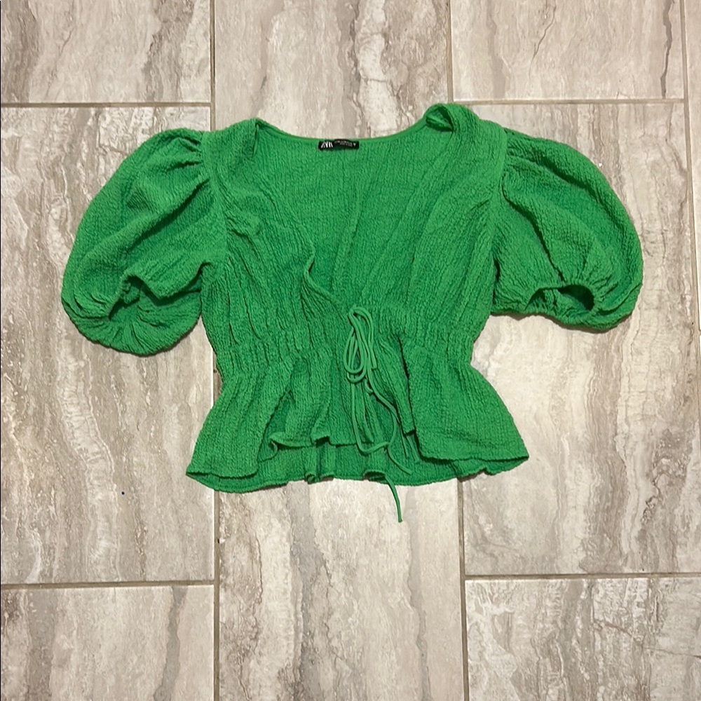 Zara Green Smocked Puff Sleeve Blouse